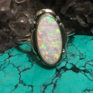 Long oval white fire opal ring/ Sterling silver/genuine 925/solid band/ custom sizes/large Small size/handmade/made in USA