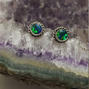 Blue Green Fire Opal Stud Earrings/ Opal Earrings/Handmade Jewelry/Sterling Silver/Dainty Earrings/Made In USA