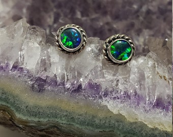 Blue Green Fire Opal Stud Earrings/ Opal Earrings/Handmade Jewelry/Sterling Silver/Dainty Earrings