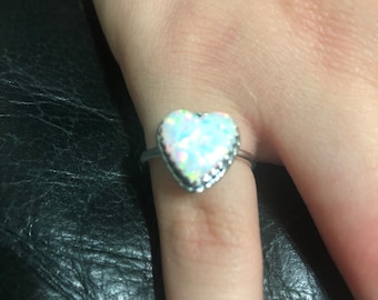 Fire Opal Heart Ring/Heart Opal Ring/Sterling Silver Ring/Dainty Heart Ring/White Opal Ring