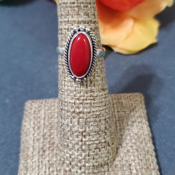 Coral Ring/Sterling Silver/Dainty Coral Ring/Handmade Jewelry/Red Coral Ring/Boho Coral Ring/Oval Coral Ring/Gift For Her/Made In USA