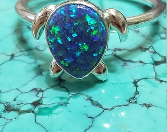 Blue Opal Ring/Opal Turtle Ring /Sea Turtle Ring/Sterling Silver/Dainty Turtle Ring /Silver Ring