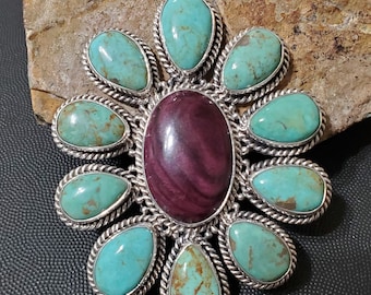 Large Turquoise Pendant /Turquoise Pendant/Purple Spiny Oyster Pendant/Statement Turquoise Necklace/Gift For Her/LL17