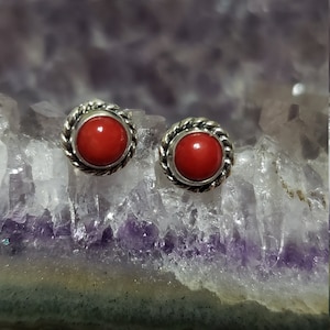 Tiny Red Coral Stud Earrings In 925 Sterling Silver/Bamboo Coral Studs /Handmade Jewelry/Made In USA