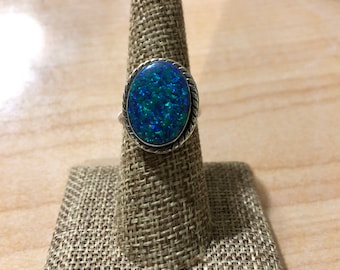 Statement Blue Green Fire Opal Ring/Custom Size/ Solid Band/Bridesmaid Ring/Sterling Silver/Made In USA