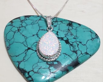Fire Opal Necklace/White Opal /Silver Chain/Box Chain/Teardrop Necklace/Opal Pendant