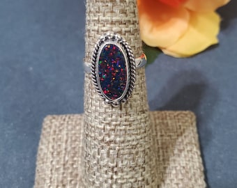 Black Fire Opal Ring/Sterling Silver/Bohemian Jewelry/Solid Band/Red Opal/Statement Ring/Gift For Her / Silver Ring