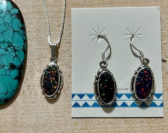 Fire Black Opal Jewelry Sets/ Opal Necklace Earring Sets/Black Fire opal Jewelry/Opal Earring/Opal Necklace/Sterling Silver Jewelry
