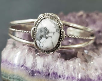 White Howlite Bracelet Cuff/White Stone Cuff /Howlite Cuff/Sterling Silver/Adjustable Cuff/Handmade Jewelry/Gift For Her/Gift