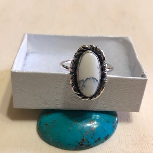 Long Oval White Buffalo Ring/Howlite Ring/Sterling Silver/Large Small Size/Handmade Jewelry/Made In USA