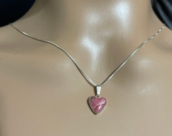 Rhodochrosite Heart Pendant/Sterling Silver/ Heart Necklace/ Pink Stone Heart Pendant/Pink Heart Necklace/Dainty Heart Pendant