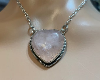 Rose Quartz Heart Pendant/Pink Rose Quartz Heart Pendant Necklace/Pink Rose Quartz Heart Pendant/Sterling Silver/Valentine Gifts