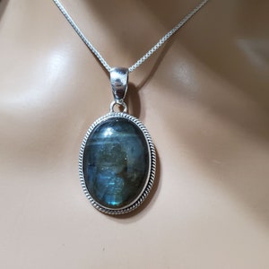 Large Labradorite Pendant Necklace/Blue Fire Pendant/Box Chain /Handmade Jewelry/Statement Pendant /Made In USA