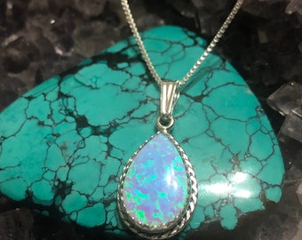 Fire silver blue fire opal necklace/blue opal jewelry silver chain / bridesmaid gift