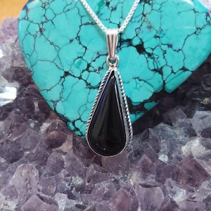 Onyx Pendant Necklace/Sterling Silver/Black Onyx Necklace/Black Stone Pendant/Box Chain/Made In USA