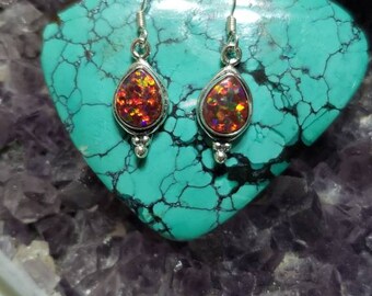 Black Fire Opal  Earring / Sterling Silver / Red Fire Opal Earring/Opal Earring