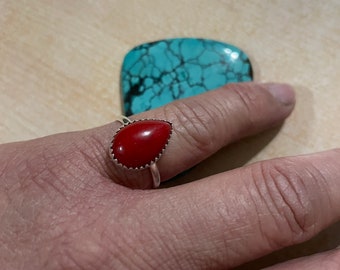 Coral Ring/Genuine Coral Ring/Sterling Silver Ring/Teardrop Coral Ring/Statement Ring/Red Stone Ring/Silver Ring
