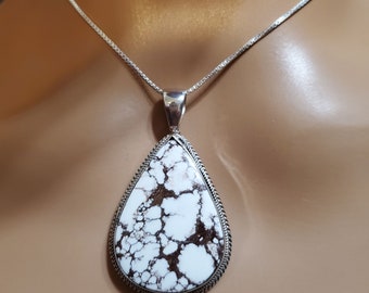 Large Wild Horse Pendant/Wild horse Necklace/Silver Chain/Big White Stone/Wild Horse Necklace /Crazy Horse Pendant /Gift ForHer/W5