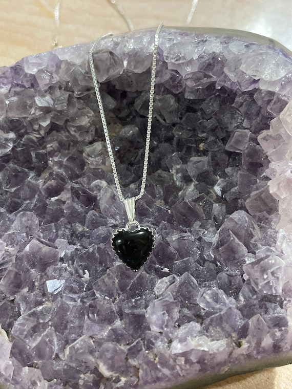 ★TATIANA★ Silver 925 Black Heart Gemstone Necklace NZ2409 Black Heart Crystal Pendant Necklace, Gothic Valentine Gift