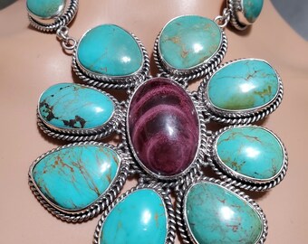 Large Turquoise Pendant Necklace/Turquoise Pendant/Turquoise Necklace/Purple Spiny Oyster Pendant/Statement Turquoise Necklace/Gift/LL17