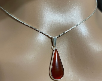 May include: A silver chain necklace with a teardrop-shaped pendant featuring a red carnelian stone.
