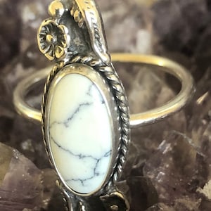 White Buffalo White Turquoise Ring/Long Oval / Custom Sizes/ Small Or Large Size/ Sterling Silver/Made In USA