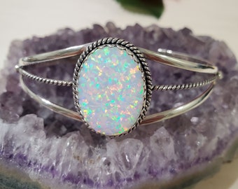 Large White Fire Opal Cuff/White Opal Cuff /Handmade Jewelry/Sterling Silver Bracelet/Statement Opal Cuff/ Gift For Her/Made In USA