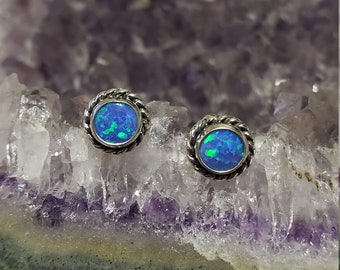 Dainty Blue Opal Studs Earring/Fire Opal Earring/Small Studs Earring/Blue Small Studs/Minimalist Opal Studs