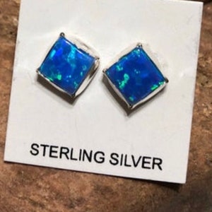 Opal stud earrings / sterling silver / 925 genuine / opal studs / square / Blue Fire Opal Studs
