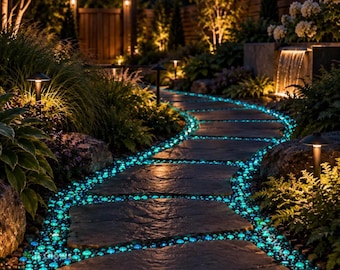 May include: A garden pathway featuring flat, dark gray stone pavers bordered by small, glowing turquoise pebbles. The luminous blue stones line the edges of the walkway, creating a bright contrast against the dark stones and surrounding foliage.