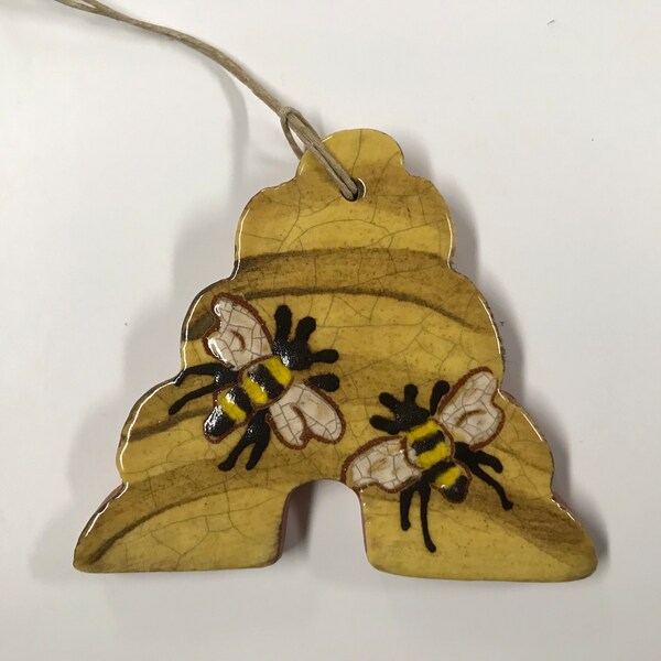 Smith Redware - Handcrafted Beehive Ornament, Folk Art, USA Made, Crackle Glaze, Slip Decorated, Bee Kind, Spring, Flowers, In love, Beeskep