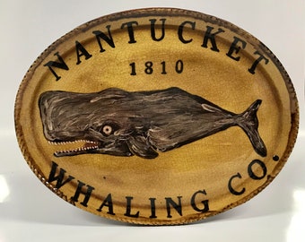 Smith Redware - Handcrafted, Slip Plate, Primitive, Folk Art, Made in USA, Crackle Glaze, Nantucket, Whale, Reproduction, Quilling, 1810