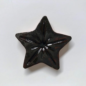May include: A black ceramic star with a raised, starburst design. The star is glossy and has a slightly reddish hue.