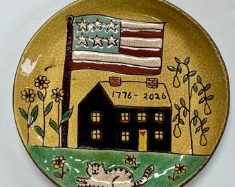 Smith Redware - Plate - Folk Art, Patriotic, Made in USA, Crackle, Flag, Stars & Stripes, USA, Cat, Cabin, 2026, 1776, 250th
