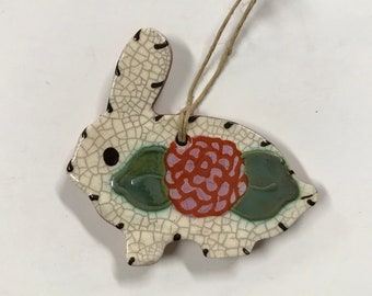 Smith Redware - Handcrafted Bunny Ornament, Folk Art, Slip Decorated, American Made, Crackle Glaze, Spring, Easter, Rabbit, Lead free, Rose