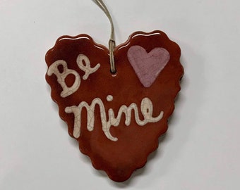 Smith Redware - Handcrafted Valentine's Day Ornament, Folk Art, USA Made, Crackle Glaze, Slip Decorated, Be Mine, Spring, Pastel, In love