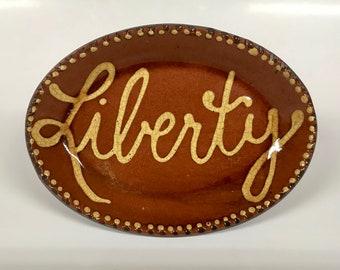 Smith Redware - Handcrafted Slab Plate - Folk Art, Patriotic, American Made, Crackle Glaze, Slipware, Primitive, Stars & Stripes, Liberty