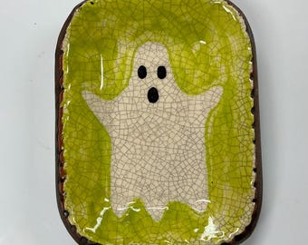 Smith Redware - Pottery, Ghost Plate,  Halloween & Fall Seasonal Decoration,  Autumn, Made in USA, Crackle Glaze