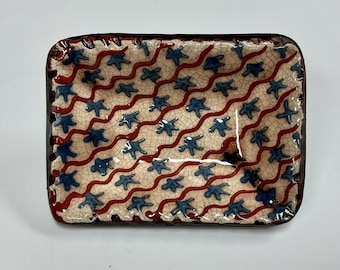 Smith Redware - Handmade Flag Plate - Folk Art, Hand Painted, USA Made, Crackle, Slip, PRIM, Tiny Rectangle, Patriotic, 1776, 2026, 250th