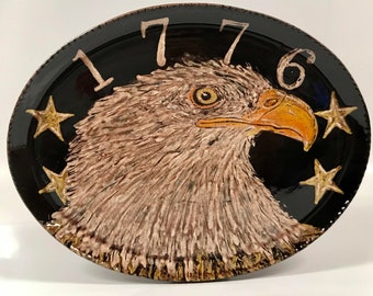 Smith Redware - Handcrafted Slab Plate - Folk Art, Patriotic, American Made, Crackle Glaze, Slipware, Primitive, Stars & Stripes, USA, Eagle