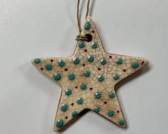 Smith Redware - Handcrafted Star Ornament - Folk Art, Hand Painted, American Made, Crackle Glaze, Slip Decorated, Primitive Ornie