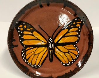 Smith Redware - Handcrafted, Sgraffito Decorated Plate, Primitive, Folk Art, Made in USA, Crackle Glaze, Monarch, Butterfly, Spring