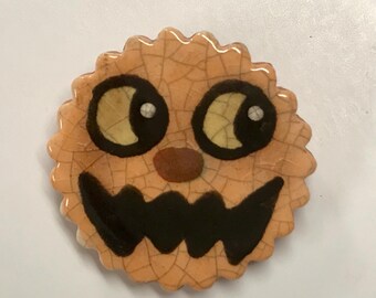 Smith Redware - Handcrafted Jack O Lantern Pin - Folk Art, Hand Painted, USA Made, Crackle Glaze, Slip Decorated, Jewelry, Halloween