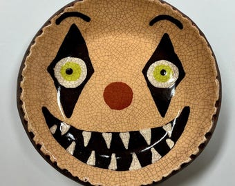Smith Redware - Handcrafted Plate - Folk Art, American Made, Crackle Glaze, Slipware, Primitive, Halloween, Fall, USA, Pumpkin, Clown