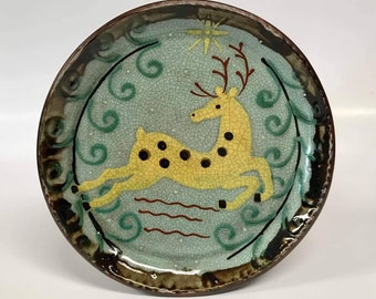 Smith Redware - Handcrafted Welcome Plate - Folk Art, Hand Painted, Made in America, Crackle Glaze, Slip Decorated, Primitive Floral Dish