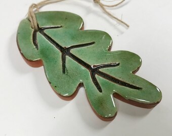 Smith Redware - Handcrafted Fall Leaves Ornament - Folk Art, Hand Painted, Made in USA, Crackle Glaze, Slip Decorated, PRIMITIVE Fall Ornie