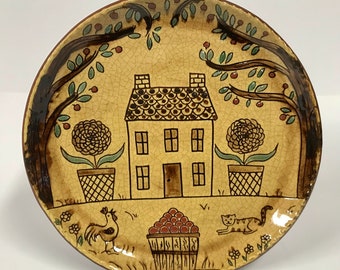 Smith Redware - Handmade Sgraffito Plate, Folk Art, USA Made, Crackle, Slip, Primitive, Farm Scene, Cabin, Cottage, Chicken, Garden, Apples