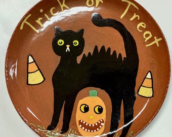 Made To Order - Smith Redware - Slab Plate - “Trick or Treat" - Halloween Plate, Folk Art, Made in USA, Crackle, Fall, Primitive, Pumpkin