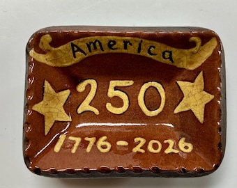 Smith Redware - Handmade Plate - Folk Art, Hand Painted, USA Made, Crackle, Slip, PRIM, Tiny Rectangle, Shaker, 250th, 1776, 2026, Stars