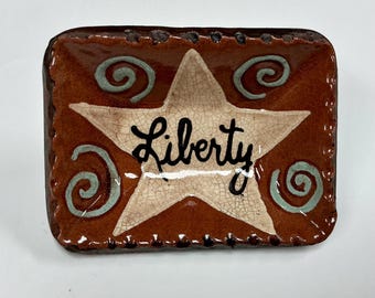 Smith Redware - Handmade Flag Plate - Folk Art, Hand Painted, USA Made, Crackle, Slip, PRIM, Tiny Rectangle, Patriotic, 1776, 2026, 250th